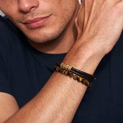 Vista 12 de Handmade Personalized Navigator Men's Genuine Leather Bracelet with Small Custom Beads in Sterling Silver - Custom Man Birthday Anniversary Jewelry