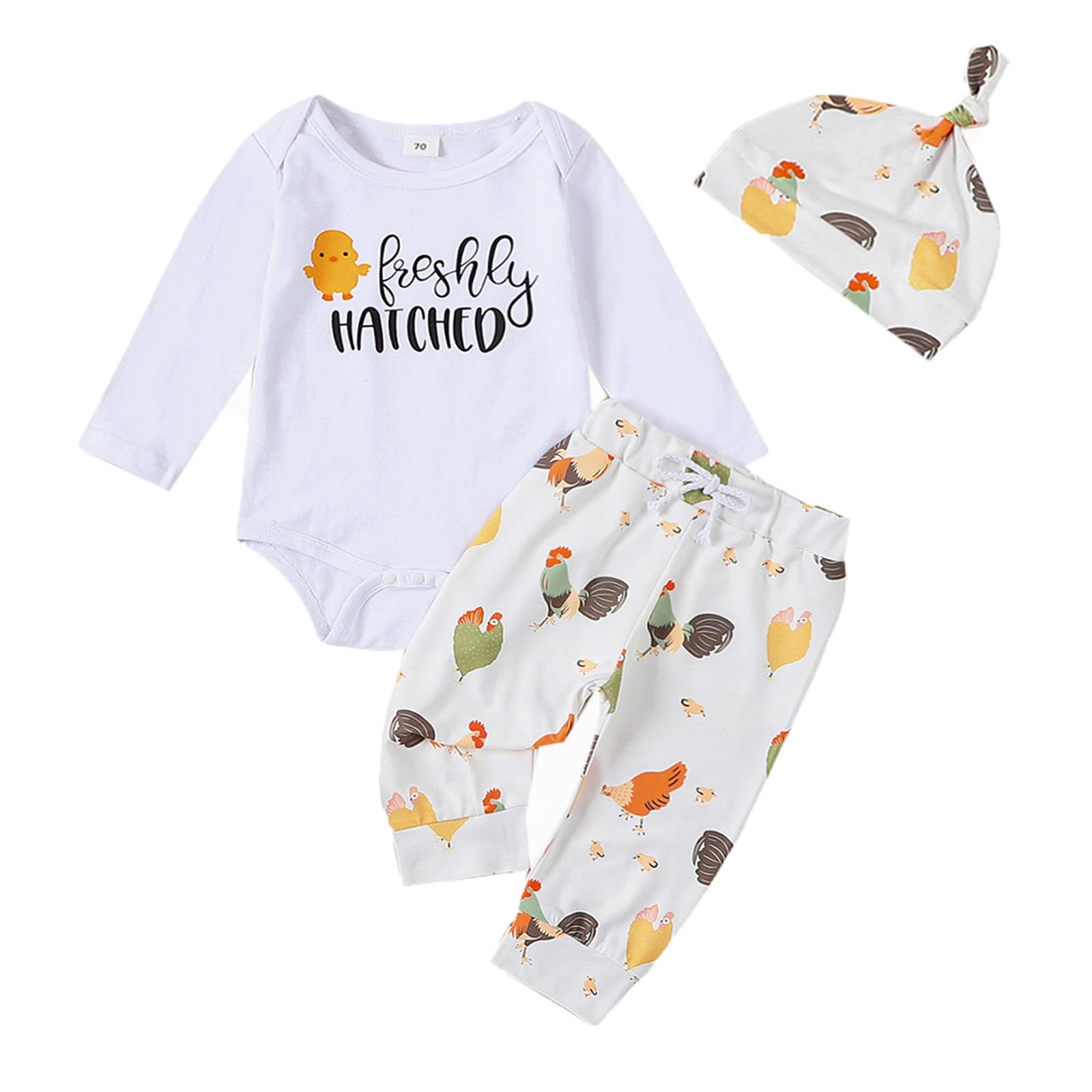 Chicken Baby Clothes Baby Girls Funny Letter Romper Chicken Fabric Flare Trousers Heaband Set Country Farm Baby Stuff (B White, 0-3 Months)