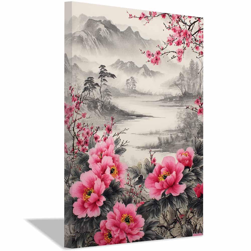 Hoqiu Multicolor Flower Wall Art Canvas Ink Wash Peony Scene Artwork, Wall Decoration Living Room Bedroom Hallway Stairs Decoration.(Multicolor)-30X40cm Framed