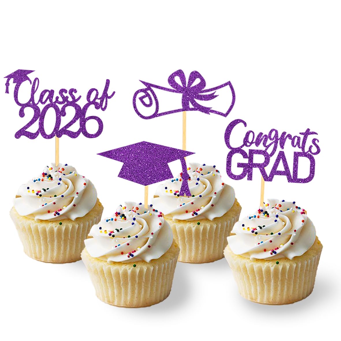 Photo 1 of 2026 Graduation Theme Cupcake Toppers Glitter Class of 2026 Graduation Cap Diploma Cupcake Picks - Set of 24 (Purple2)