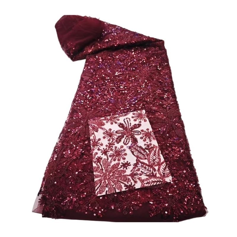 Tkanina w stylu qipao o długości 5 jardów, haftowana kwiatowa siatka z cekinami do sukni ślubnej Hanfu(Red)