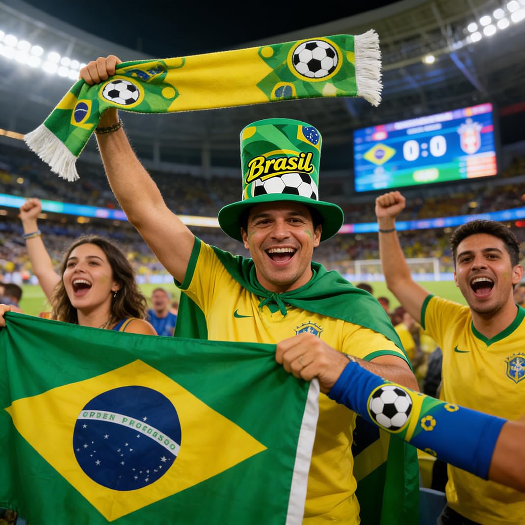 FRoon Kit per tifosi del Brasile, 8 pezzi, accessori per tifosi del calcio: borsa tote, bandiera volante, cappello, sciarpa, occhiali, bastoni da tifo, bastoncini da tifo