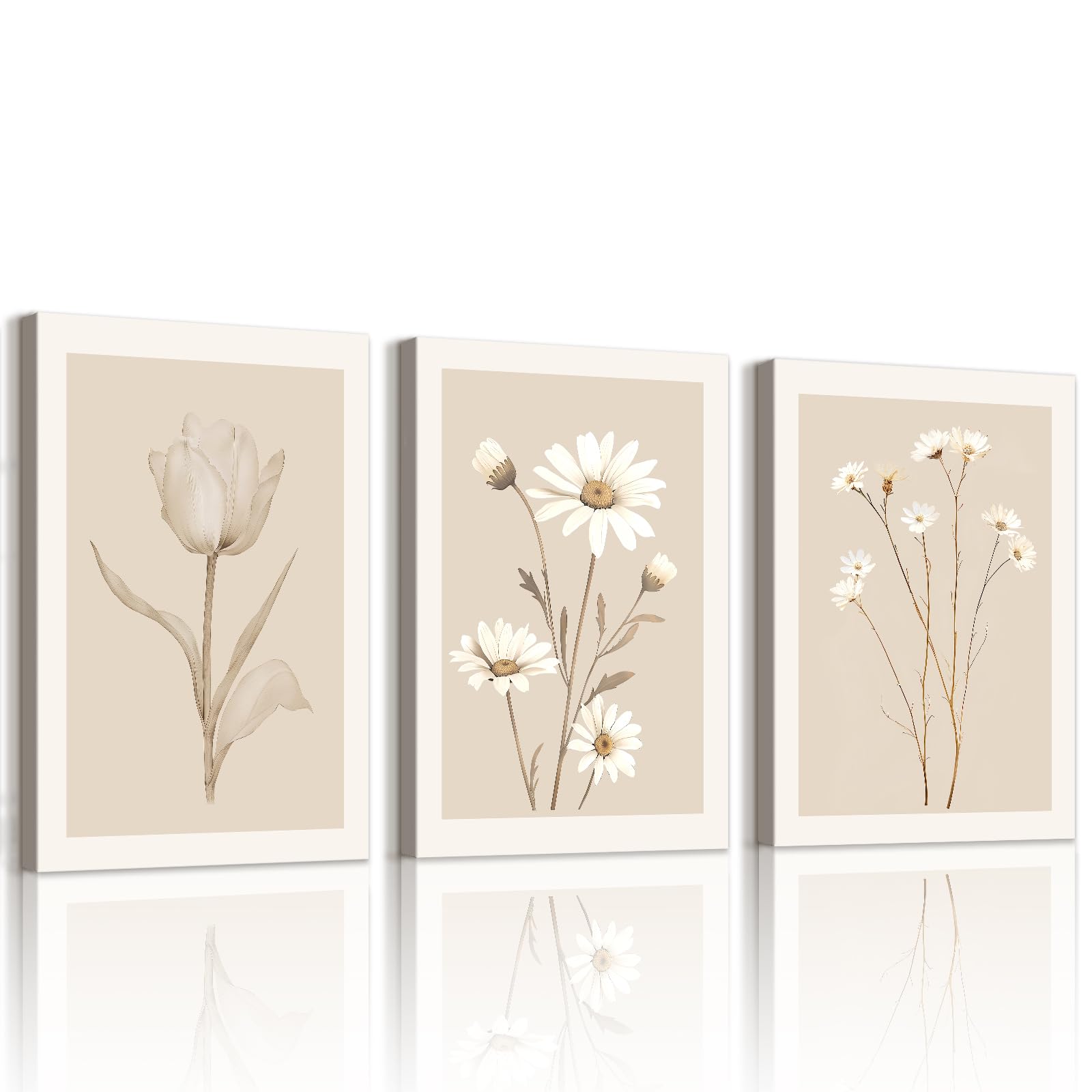 WENGTIAO Set of 3 Beige White Flowers Canvas Wall Art Framed Pictures, Minimalist Floral Painting on Canvas, Modern Wall Decoration for Living Room Bedroom Home Decor 30x40cmx3