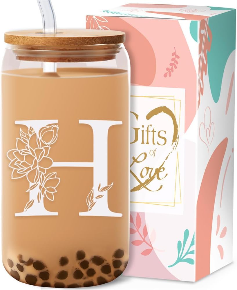 OneGemn Borosilicate Glass Cup – 16 oz Clear Bamboo Lid Straws – Personalized Monogram Gift for Women – Home Essentials – Mother’s Day Gift