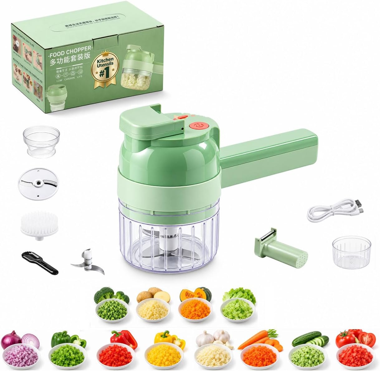 4 in 1 Handheld Electric Mini Food Fruit Chopper Multi Compact Kitchen Prep Tool for Garlic Vegetables Eggs Cutter Slicer Onion Verdurasmeat Grinder Hand with Cleaning Brush Container Processor