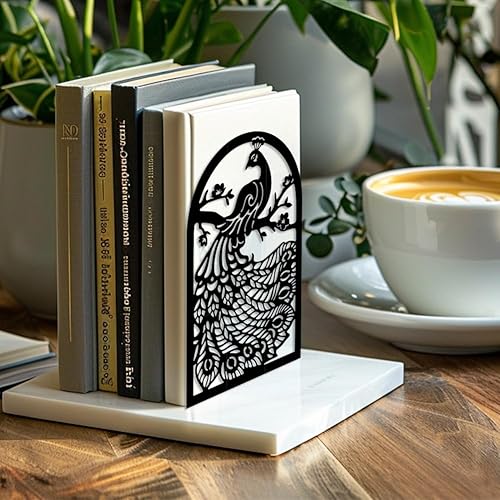 Miniatura 14 de Peacoblue Sujetalibros de metal para estantes, soportes de libro modernos y decorativos resistentes para estudio, oficina, escritorio, estante,