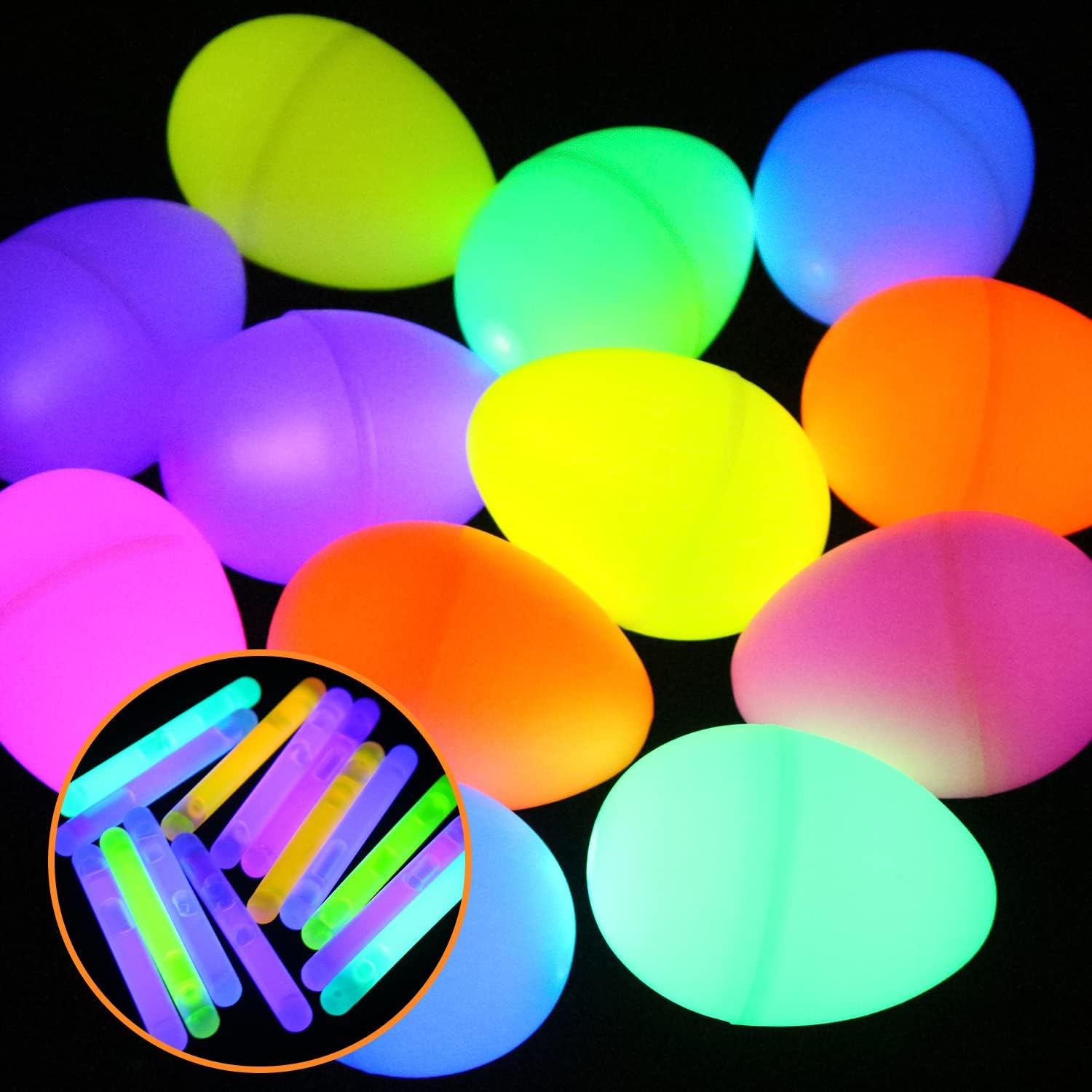 LOKIPA 24 Pcs Glow in The Dark Easter Eggs, Glow Easter Eggs Party Supplies with Fillable Plastic Egg with 48 Mini Glow Stickers, Hunt for Easter Decorations