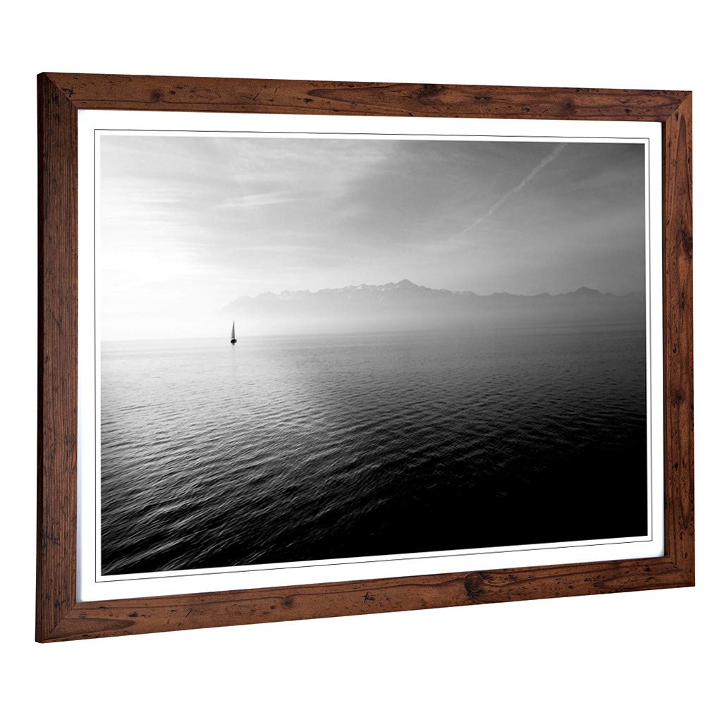 Big Box Art Framed Print of Lonely Boat on The Lake Seascape Design | Wall Art Picture | Home Decor for Kitchen, Living Room, Bedroom, Hallway, Walnut, A2 / 24.5x18 Inch / 62x45cm
