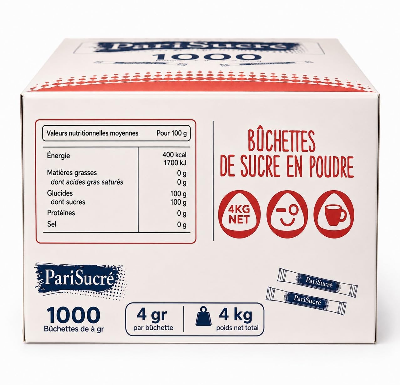 Lot de 1000 Dosette Sucre Bûchettes Individuels de 4g (4kg) avec un lot d'agitateurs en bois - Idéal pour les Boissons Chaudes, Cafés et Thés