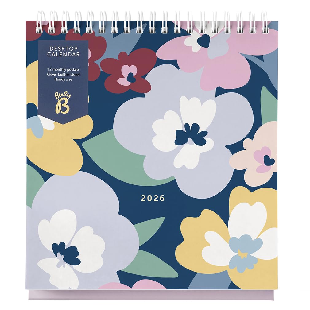 Busy B 2026 Desk Calendar – Jan to Dec, Floral 2026 Calendar with Built-in Stand & Flip-Top Binding -Desk Calendar for Office or Home - Year Planner with Pockets for Organised Planning
