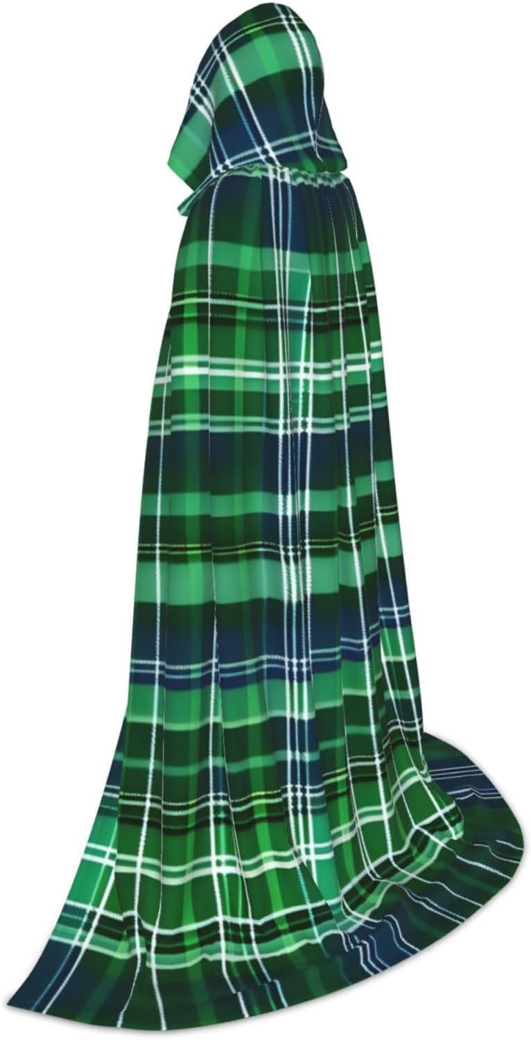 Blue and Green Scottish Tartan print Wizard Hooded Robe Medieval Cape Renaissance Cloak for Men Women Halloween Costume