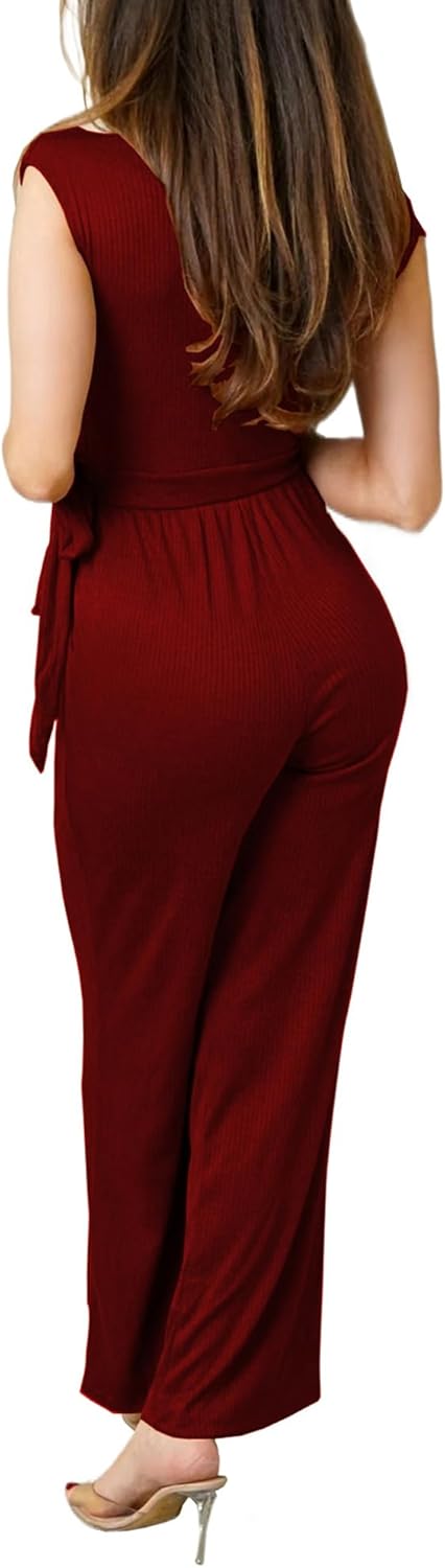 HugeNice Women's Casual Jumpsuits Sexy Wrap V Neck Belted Loose Wide Leg Long Pants Clubwear Romper - Image 3