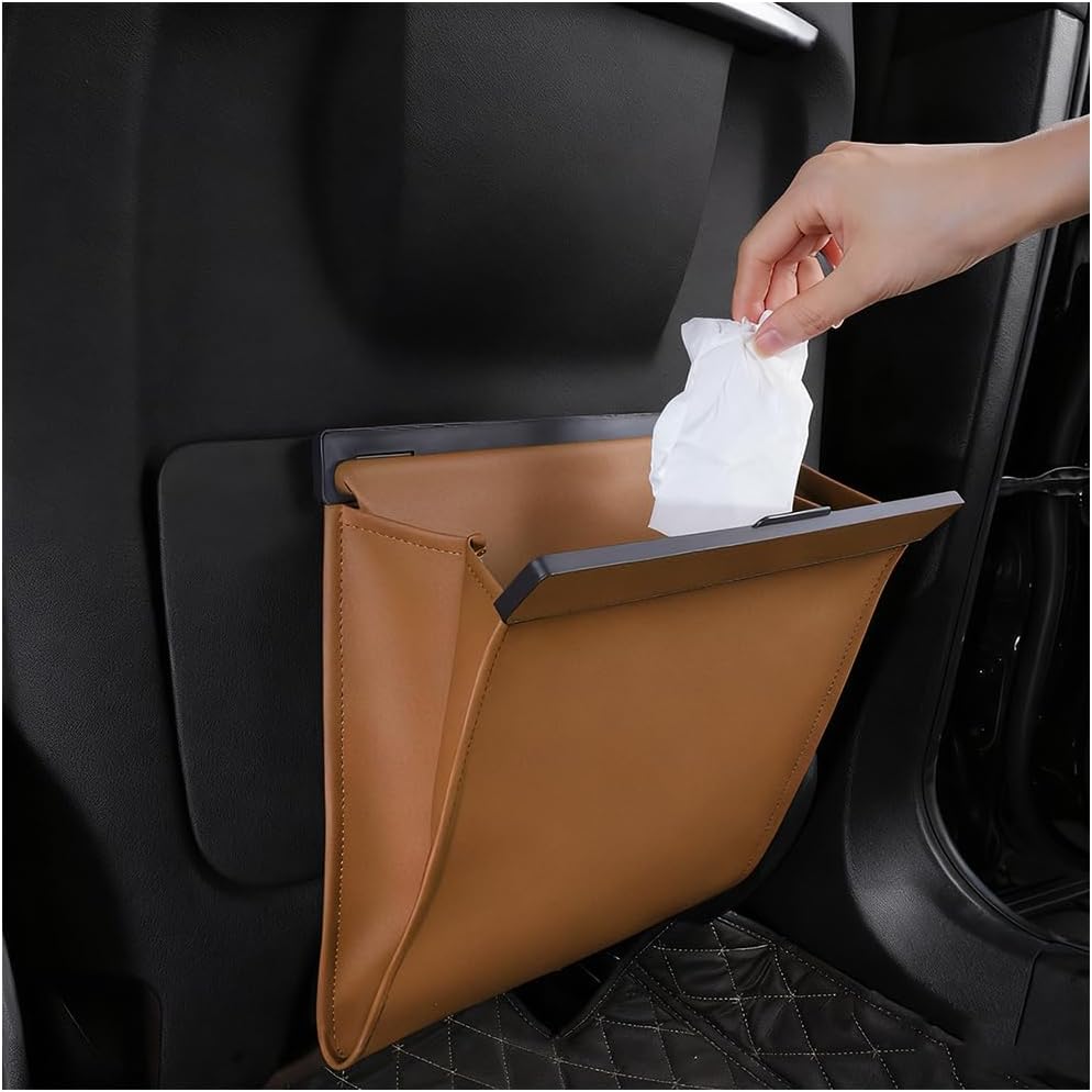 HZEL Car Trash Can, Multifunctional Leather Hanging Leakproof Backseat Garbage Container Bin, Auto Interior Backseat Dustbin Trash Bag Storage Organizer, Universal for SUV RV Truck (Light Brown)
