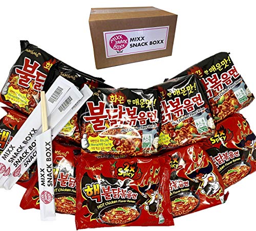 Samyang Top Two Spicy Chicken Hot Ramen noodle Buldak Variety pack of 10 (5packets each:Hek Nuclear,Original) + (4) Mixx Snack Boxx Chopstick