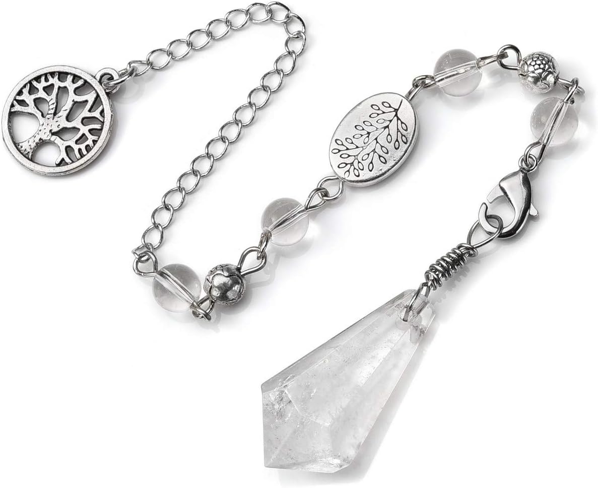 Top Plaza Reiki Healing Crystal Dowsing Clear Quartz Pendulum Necklaces for Divination Tree of Life Wicca Balancing Pointed Pendant Pendulum, 6 Facet