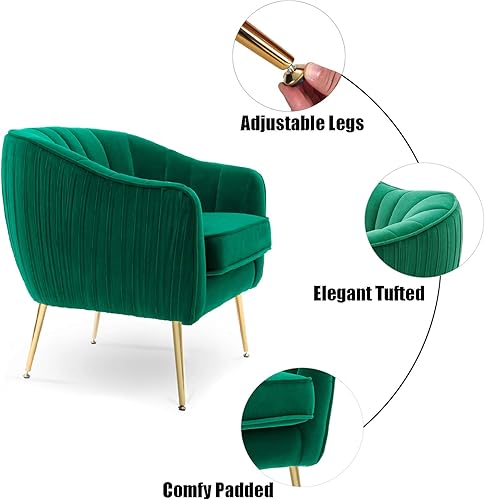 Miniatura 5 de Silla decorativa de terciopelo, Silla moderna con brazos de barril, Silla de sala de estar, acabado dorado, verde Navidad