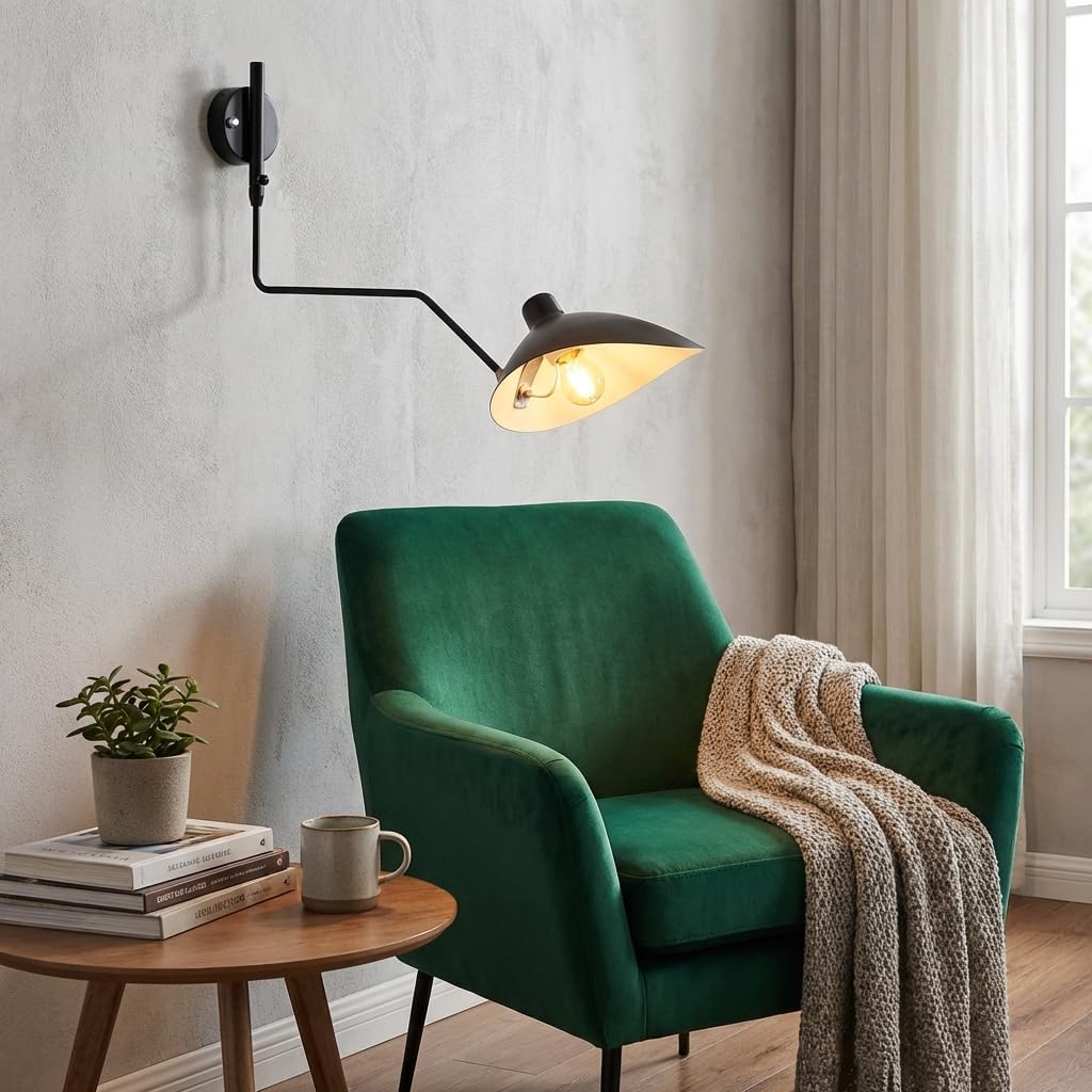 BARCELONA LED Applique da Parete Grande in Ferro Nero Stile Classico Moderno Vintage di Lusso, Braccio e Paralume Orientabili, Attacco E27, Lampada da Parete Design per Interni