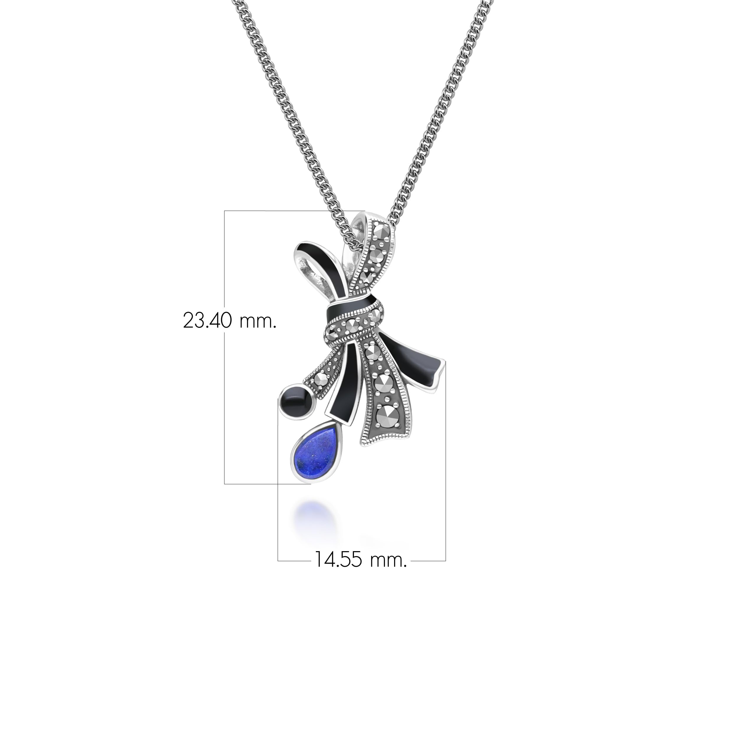 Collana in argento Sterling con ciondolo a forma di fiocco in marcasite, lapislazzuli e smalto nero