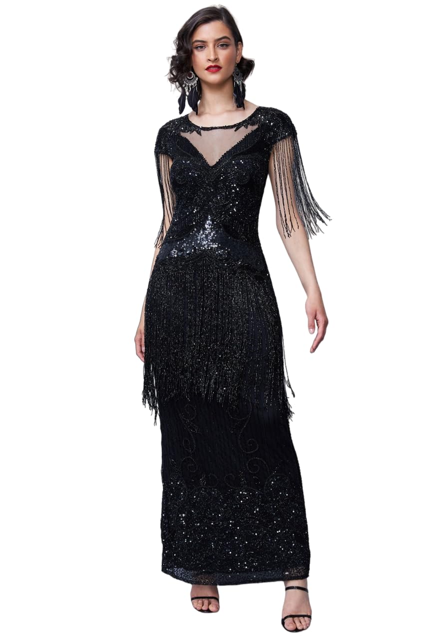 Black Ethel Fringe Long Maxi Wedding Gown Prom Dress 1920s Great Gatsby Bridesmaids Charleston Speakeasy Black Tie