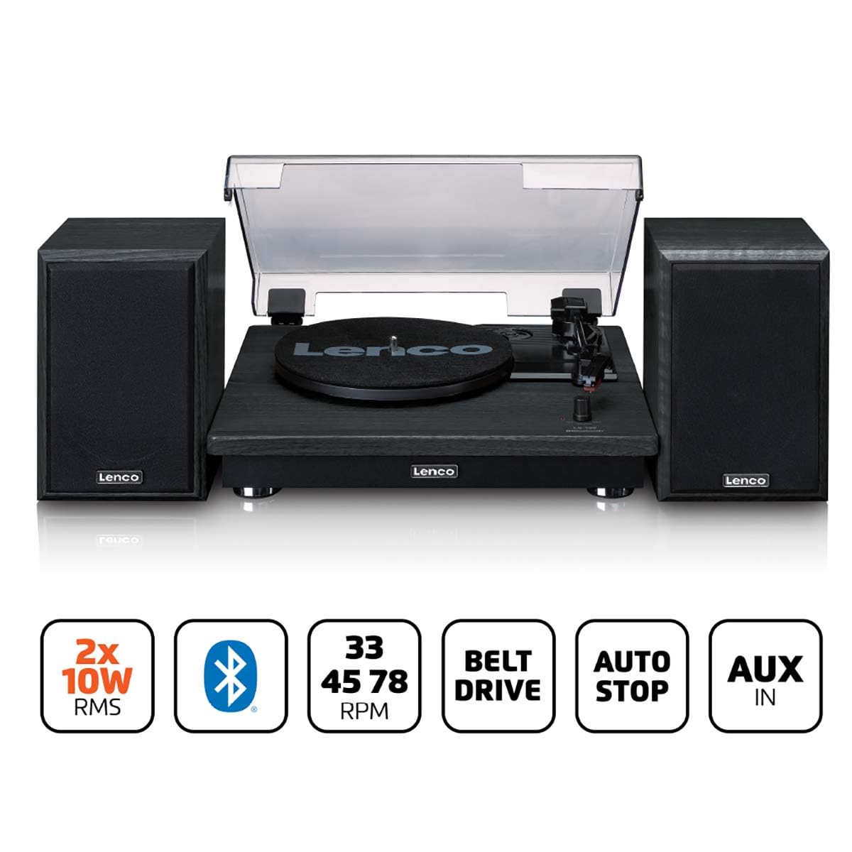 Lenco LS-100 Tourne-Disque avec Enceintes - Bluetooth® 5.3-33 45 78 Tours - Entraînement par Courroie - Arrêt Automatique - Noir