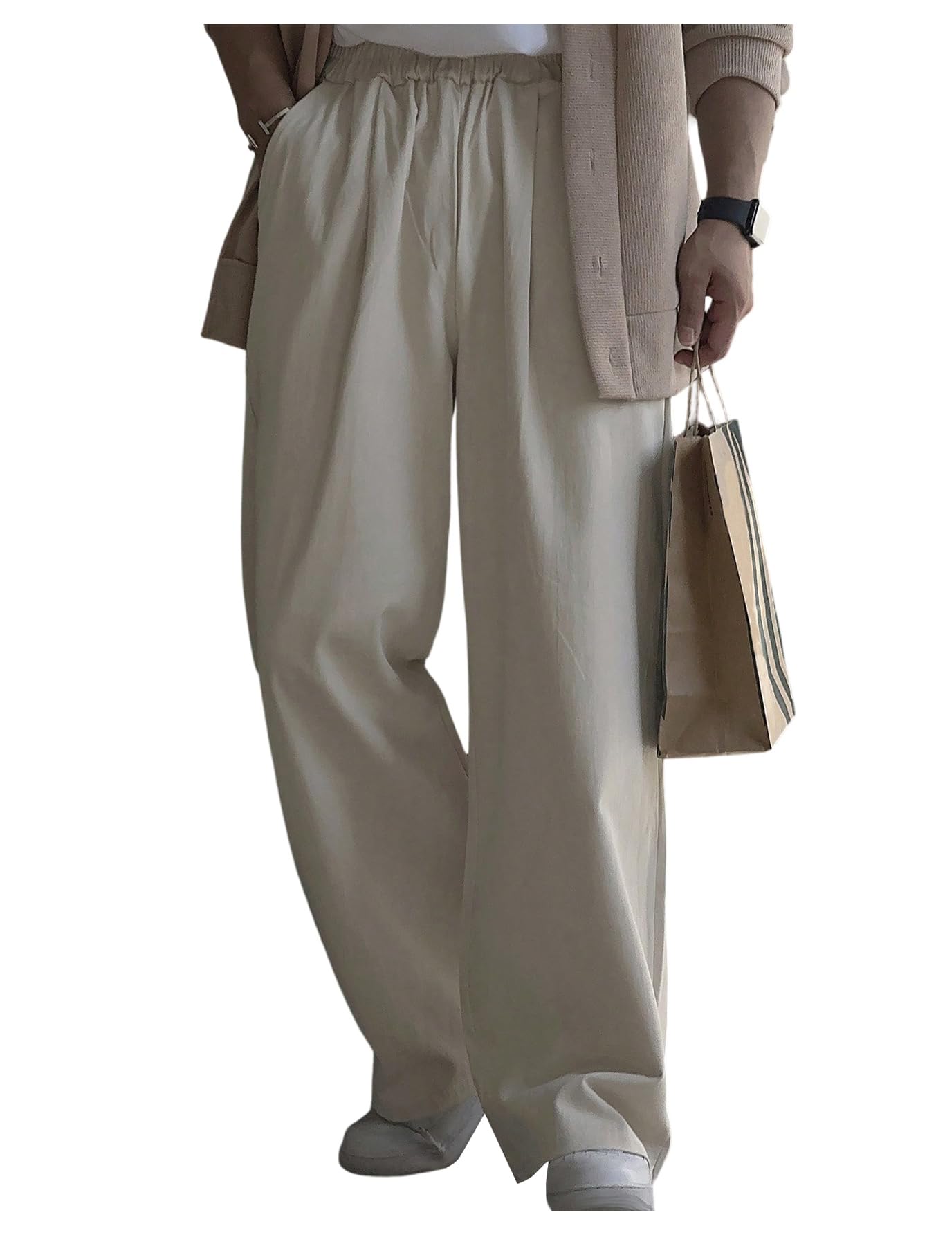 OYOANGLE Mens Straight Leg Casual Pants Elastic Waist Work Office Slacks Solid Lounge Trousers with Pocket