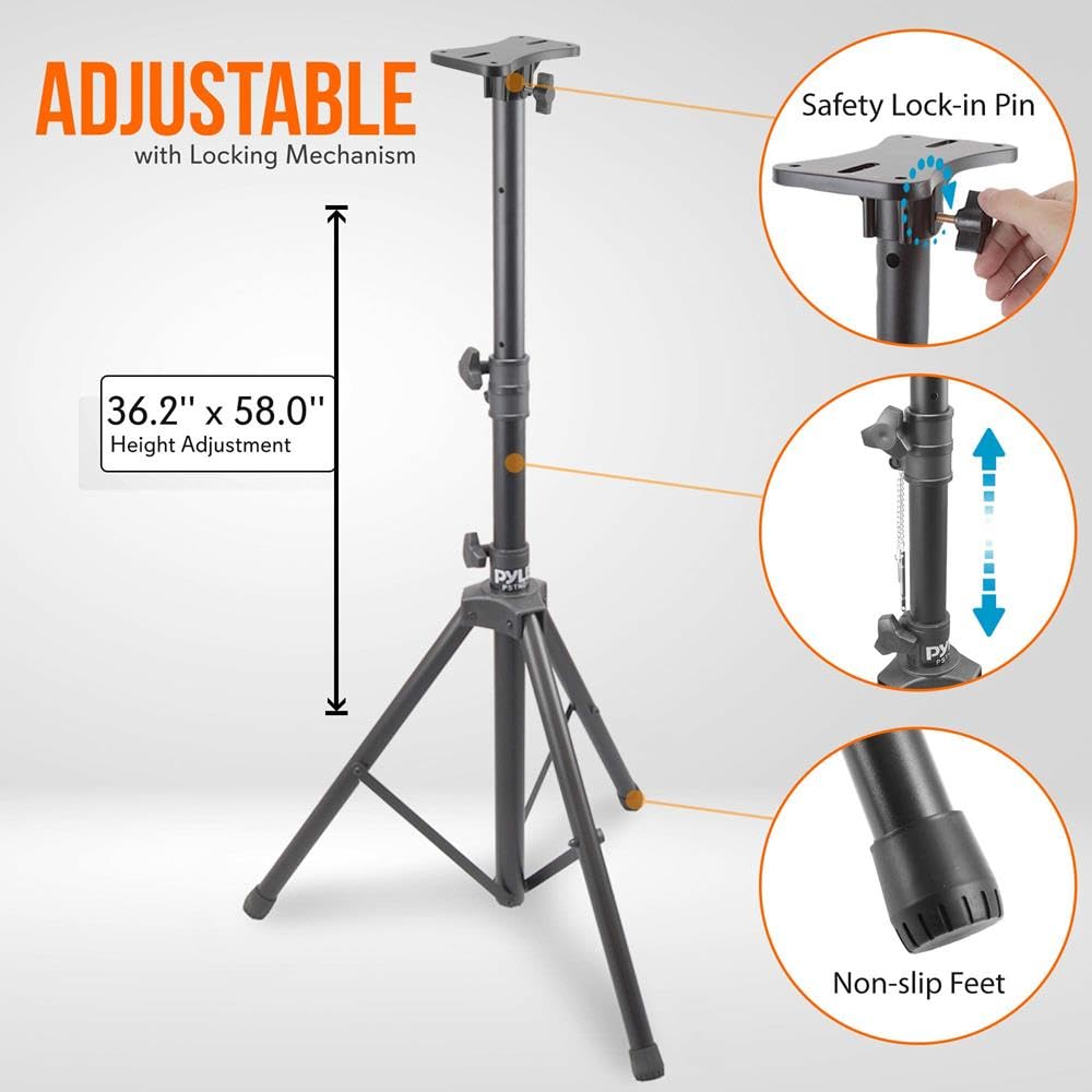 Pyle Treppiede regolabile per altoparlante, 86 x 80 x 147 cm, pieghevole, supporto per altoparlante in acciaio con perno di bloccaggio, micro supporto per studio, musica, performance, registrazione