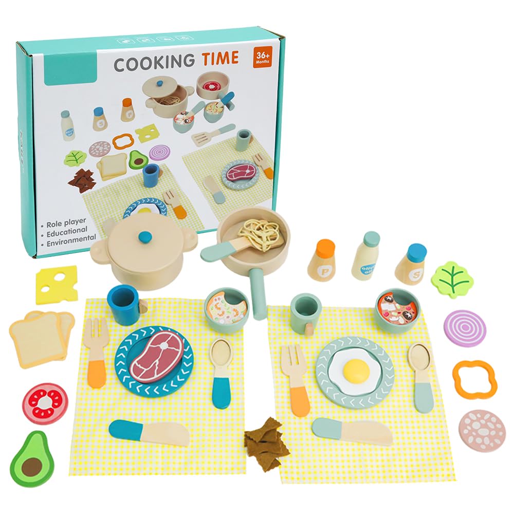 36 PCS Wooden Kitchen Toys, Wooden Toy Kitchen Accessories, Kids Pots and Pans Playset, Pretend Play Cooking Simulation Educational Toys for Boys and Girls over 3 Years Old