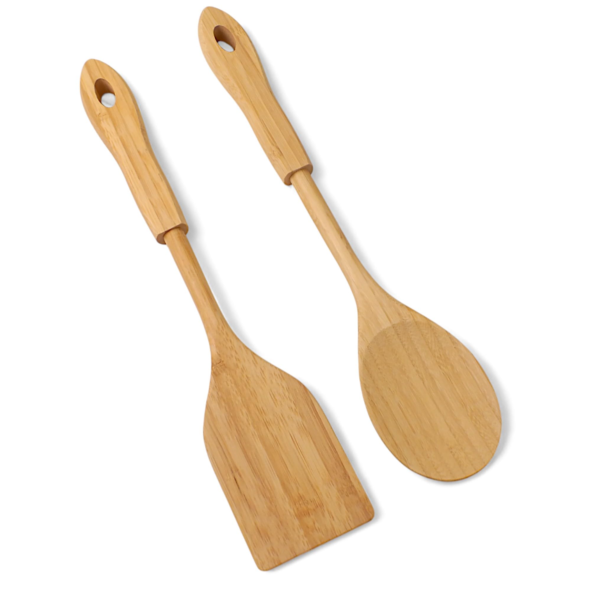 Deconox Bambu 2'li Servis Seti, Tavalarınız ve Kızarmanız İçin Spatula, Servisleriniz İçin Büyük Kaşık | 2 Adet Lüks Bambu Set