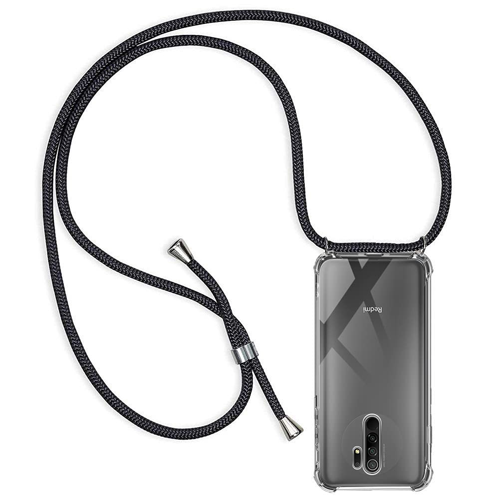 Casecool Mobile Phone Chain Compatible with Xiaomi Redmi 9, Mobile Phone Case Smartphone Necklace Case with Strap, Protective Case Cord for Hanging, Transparent, Soft TPU Silicone Case (Black)