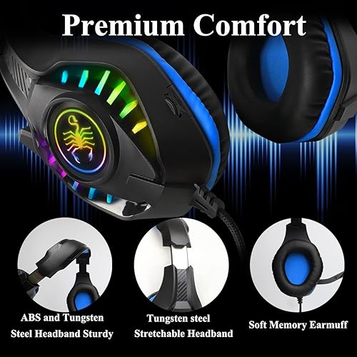 Miniatura 5 de SVYHUOK Auriculares profesionales para juegos para PC, PS4, Xbox One, sonido envolvente, auriculares sobre la oreja con micrófono, luz LED, graves
