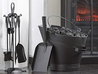 Black Coal Scuttle Hod Bucket Fireside Fuel Heavy Metal Bucket Fire Side with 5 Piece Cast Iron Companion Set