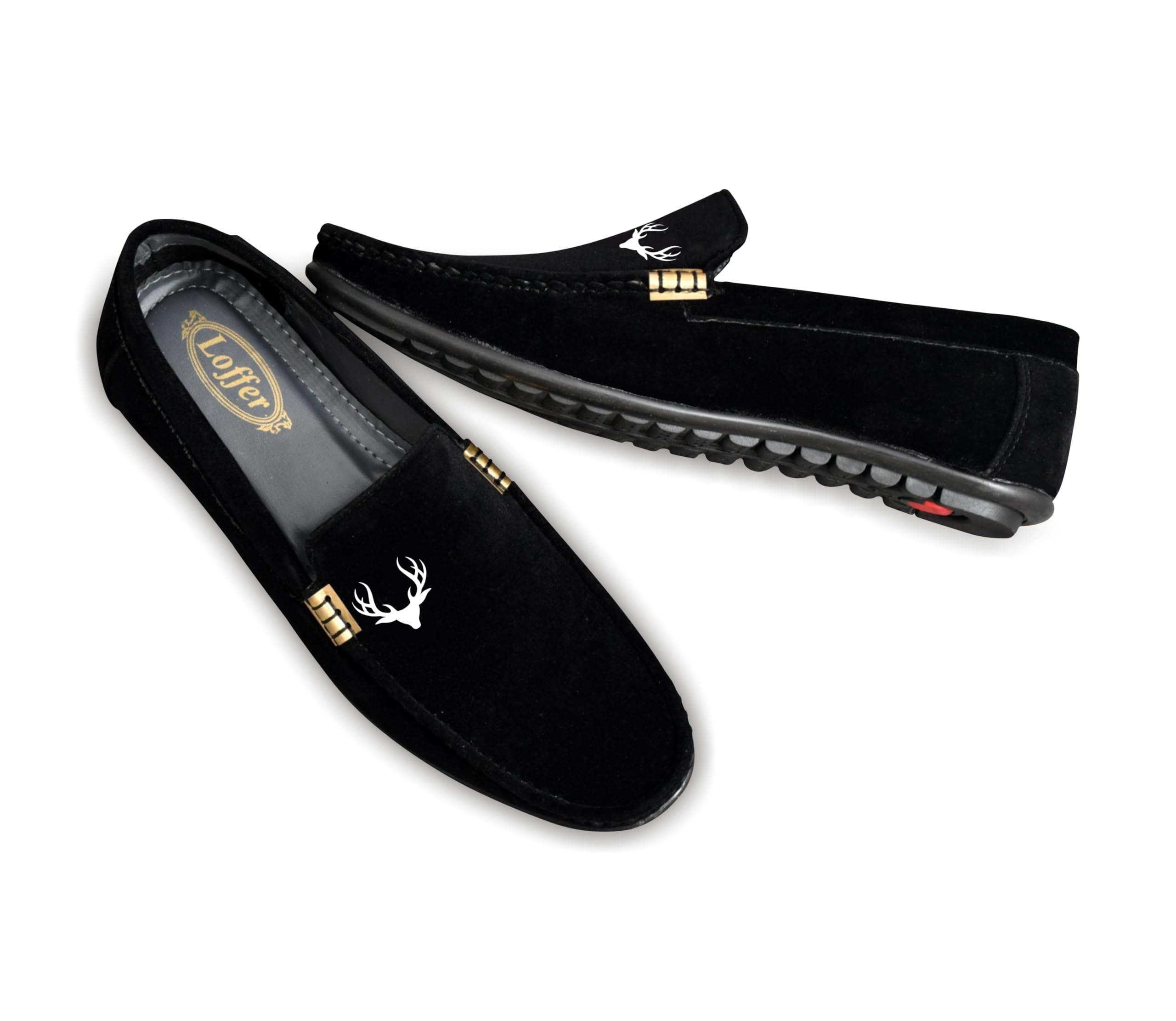 KRISHNIKA Men's Black Velvet Loafers | Comfortable & Stylish Slip-On Shoes with Deer Logo | Perfect for Casual Wear for Men