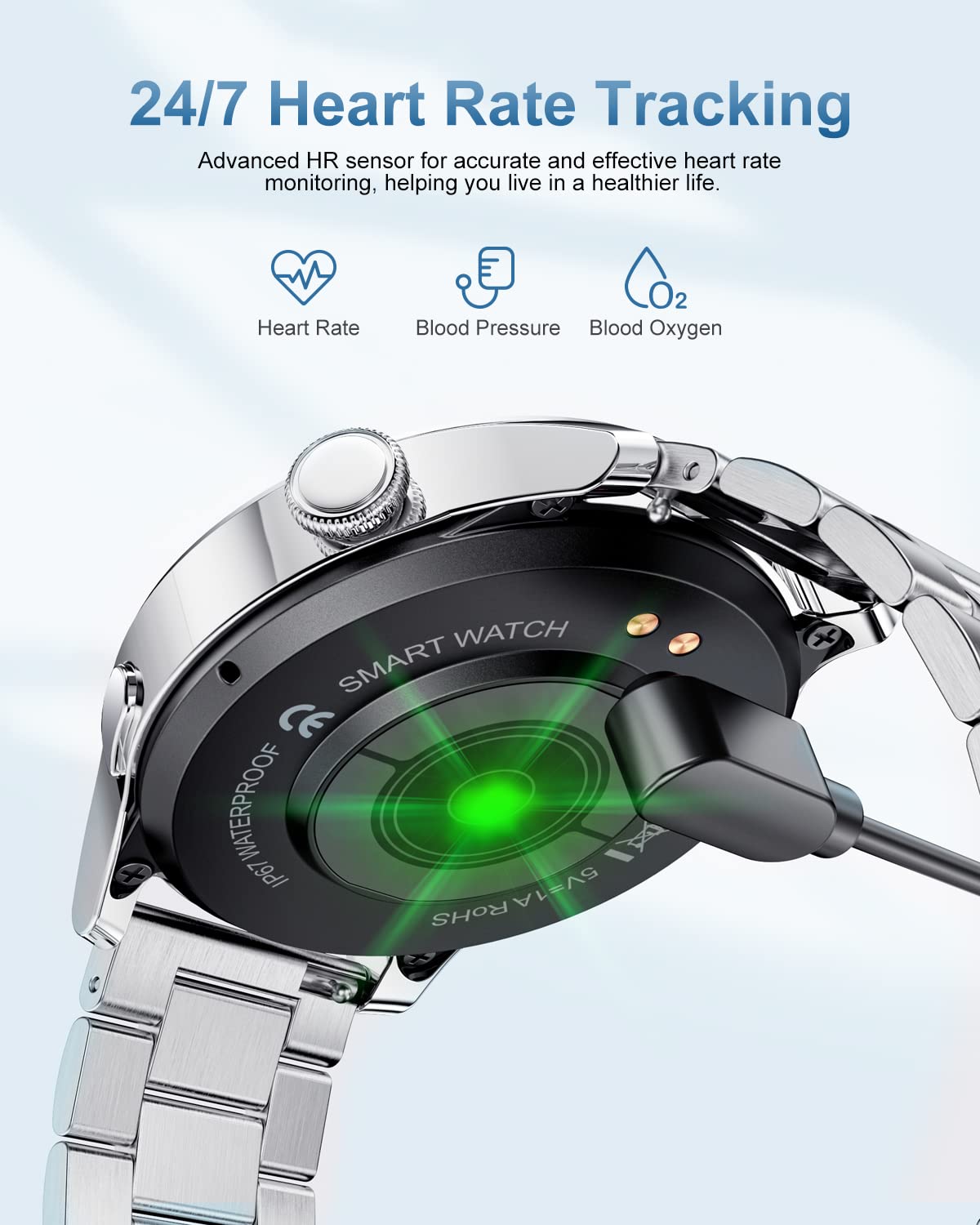 Smart Watch dla mężczyzn, 1,32", połączenia Bluetooth, monitor aktywności z monitorem tętna, funkcją sterowania muzyką, wodoszczelność IP67, krokomierz, stal nierdzewna, smartwatch do systemu Android i iOS, srebrny