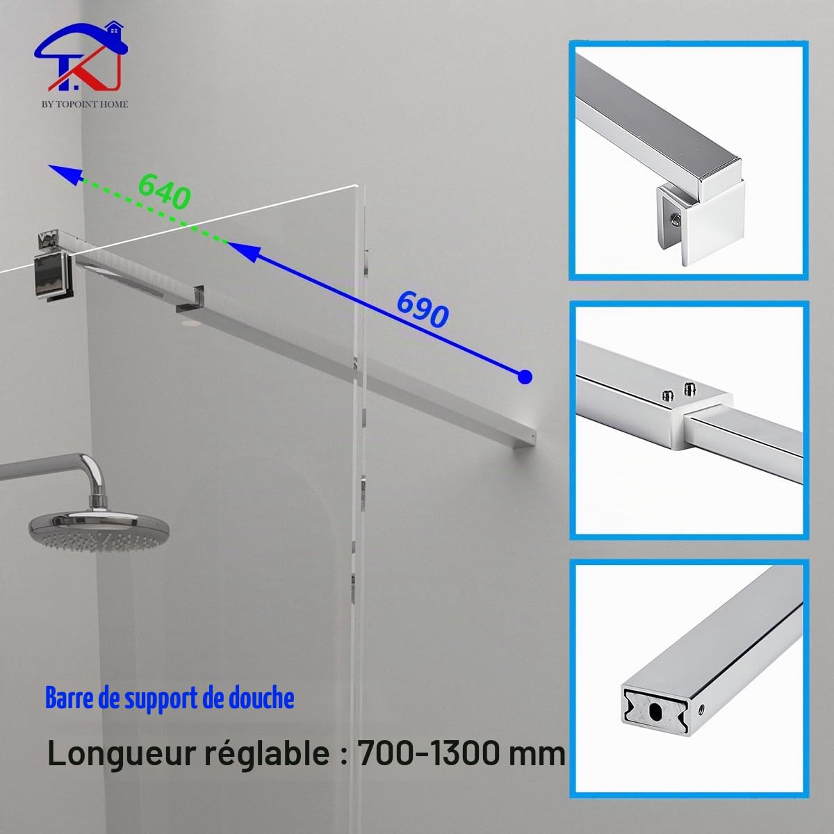 T&K Barre de stabilisation Barre de support télescopique chrome longueur réglable 700mm à 1300mm, pour écran de douche et panneaux de baignoire, compatible avec du verre de 6-10mm