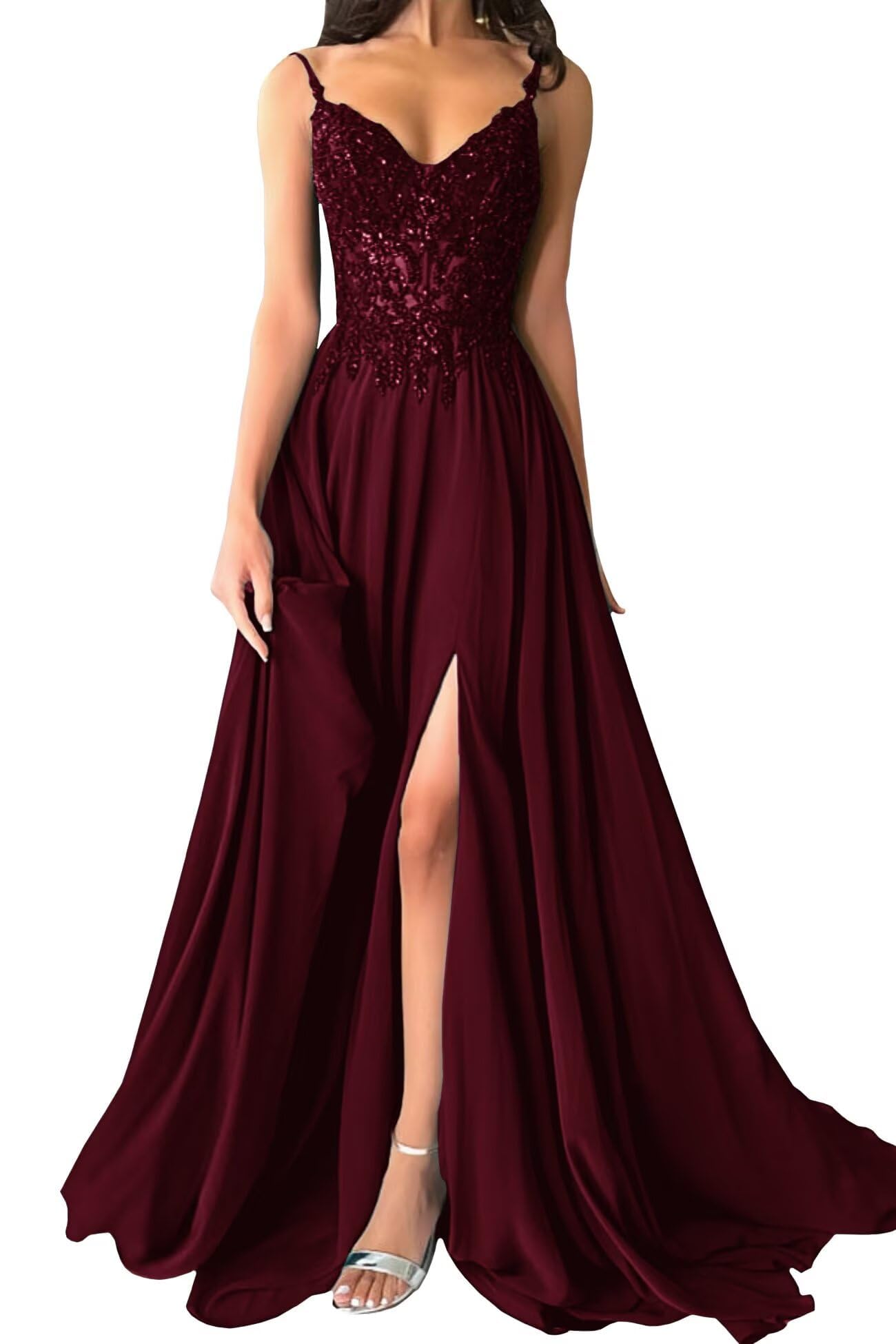 Damen Chiffon Ballkleider Lang V-Ausschnitt Spitzenapplikationen Brautjungfernkleid mit Schlitz Spaghettiträger Perlen A-Linie Abendkleider
