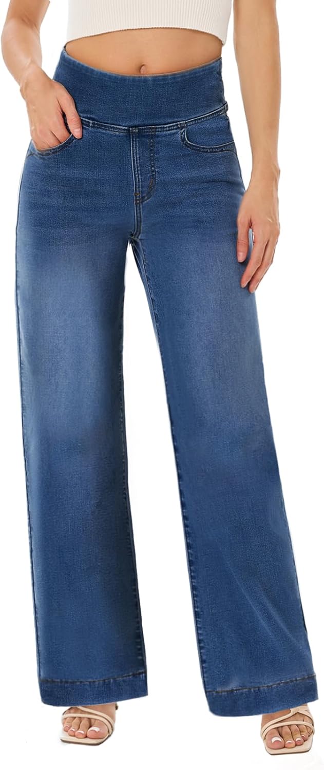 Pull On Wide Leg Jeans for Women, High Waisted Tummy Control Stretchy Baggy Trendy Straight Denim Pants with Pockets