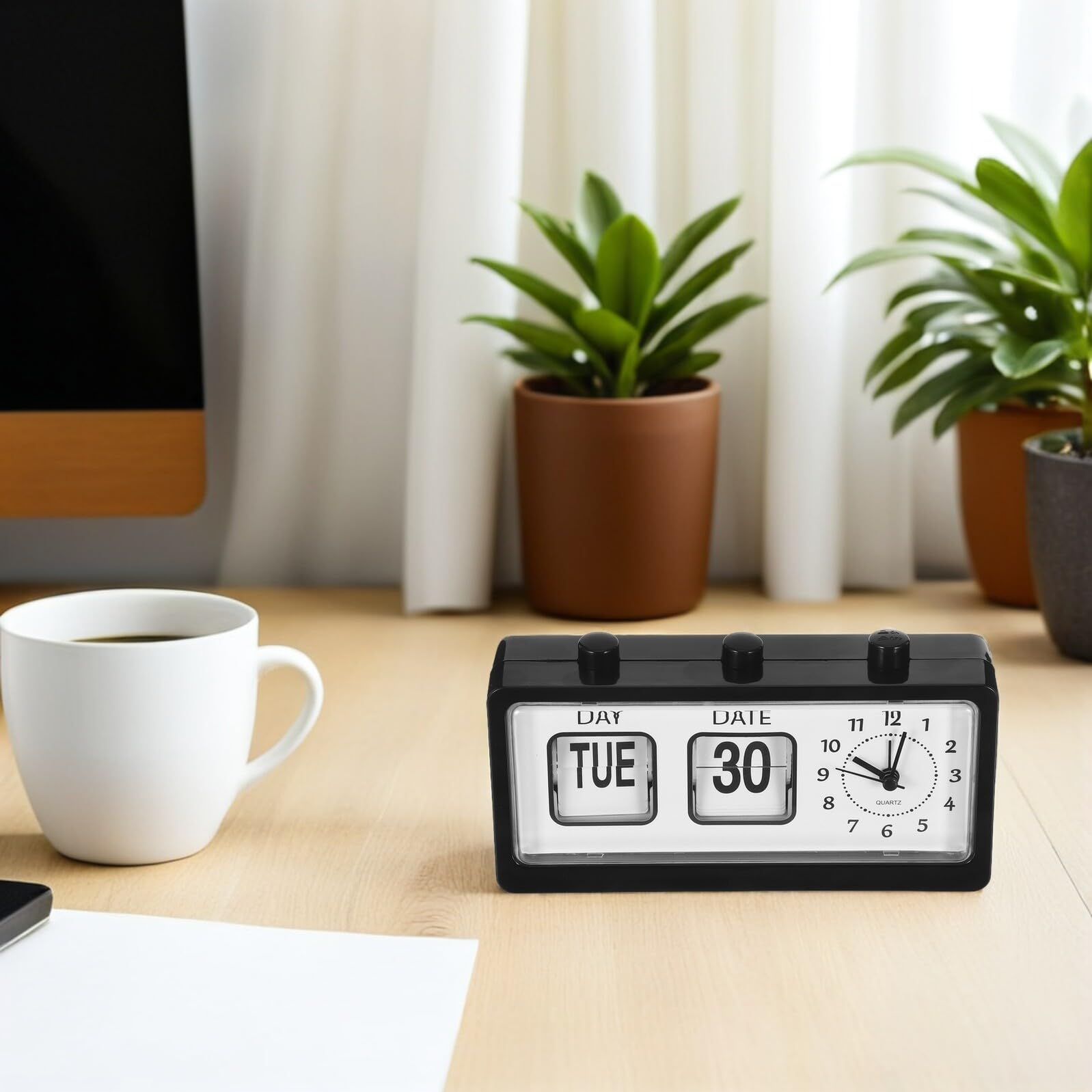 Reloj de Mesa Manual con Calendario y Alarma Diseño Retro Elegante sin Batería para Escritorio Habitación Infantil y Apoyo para Tareas Escolares