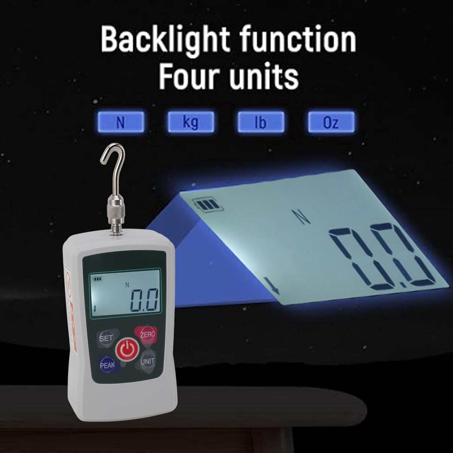 Digital display showing the three measurement modes: Real-time, Peak, and First Peak, with descriptions.