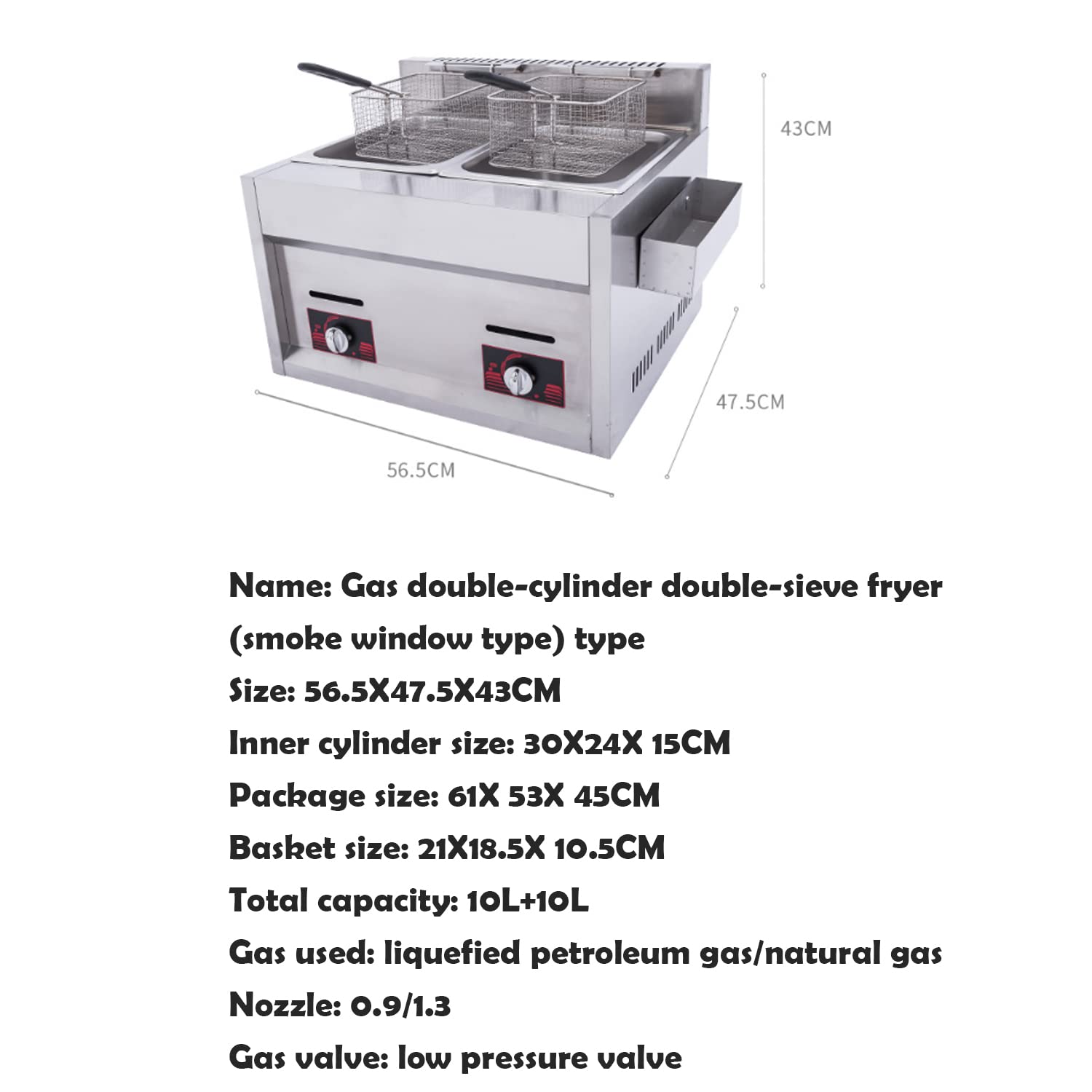 Friggitrice Commerciale a GPL, friggitrice a Gas di Grande capacità da 20 Litri, Potenza di Fuoco Regolabile, con cestelli e Coperchio Rimovibili, friggitrice a Gas in acci,