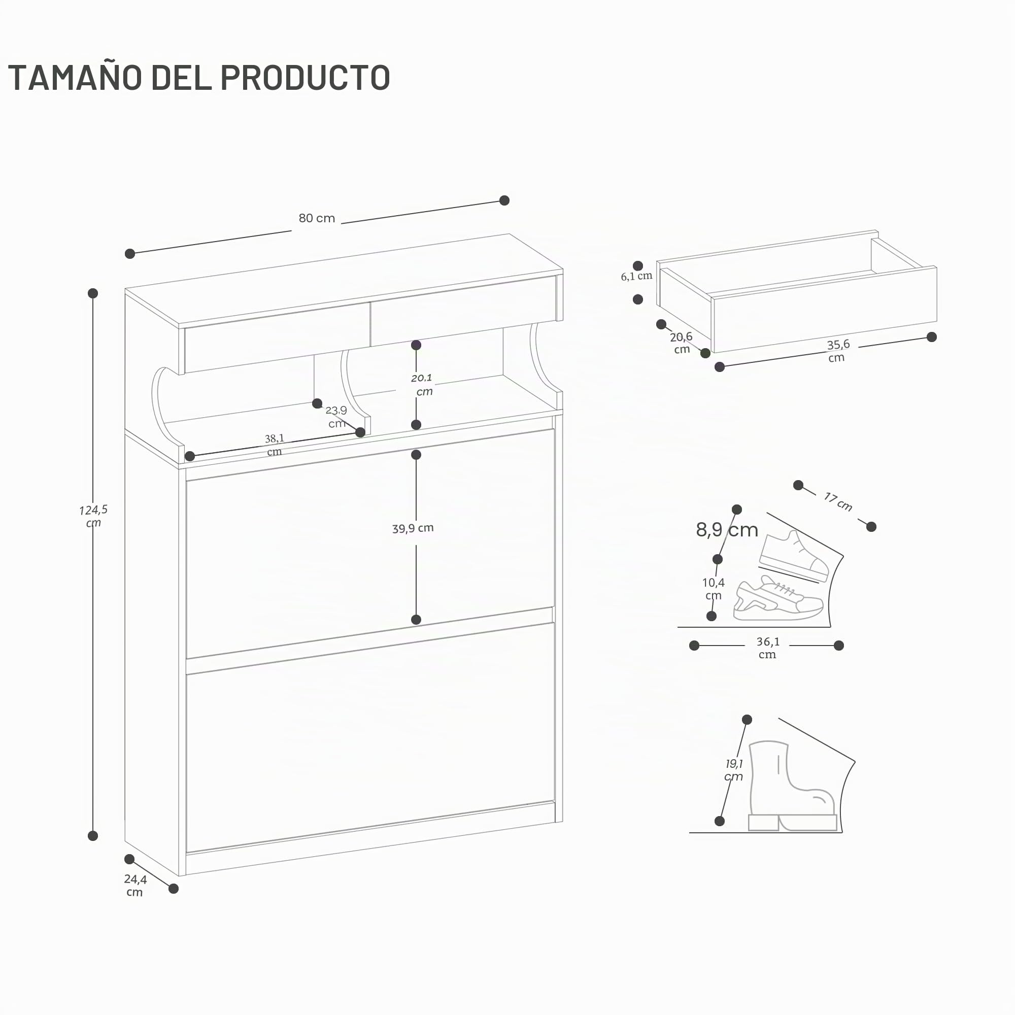 Hzuaneri Mueble Zapatero Madera, Estrecho Zapatero Entrada Recibidor, 2 Puertas y Estantes Ajustables para 16 Pares Armario, 2 Cajones, 24,5 x 80 x 124,5 cm, Negro SR45306X
