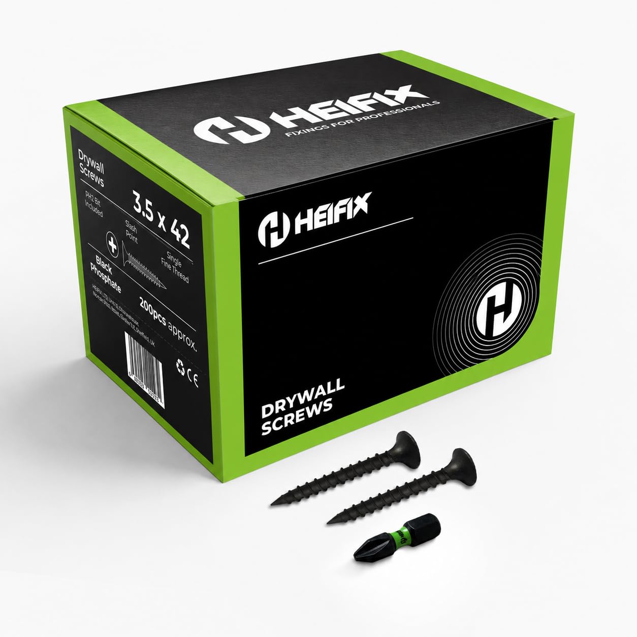 Heifix Drywall Plasterboard Screws - FREE PH2 Screw Bit Included - Black Phosphate Single Fine Thread (QTY 200, 3.5 x 42mm)