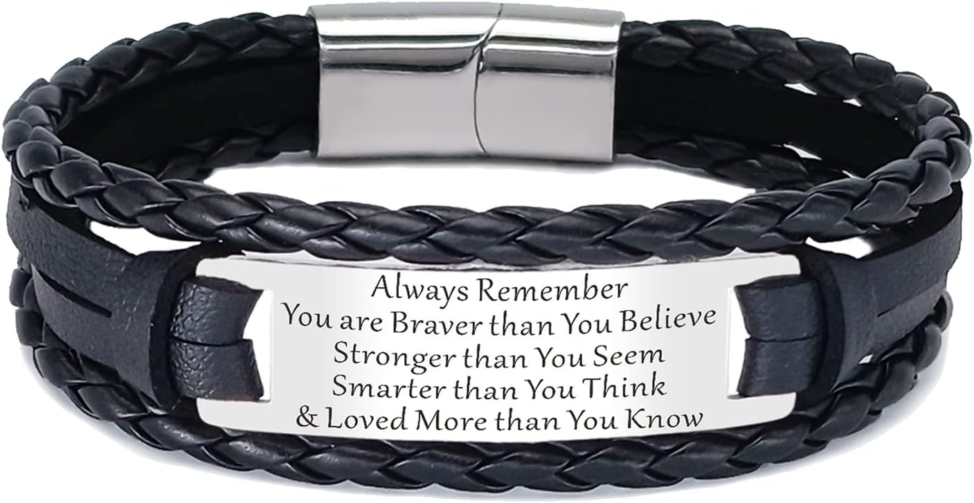 Mens Leather Bracelet Gifts for Men Son Dad Boyfriend Teenage Boy Gifts Personalised Braided Leather Bracelets with Magnetic Clasp Engraved Bracelet on Birthday Anniversary Christmas Fathers Day Gift