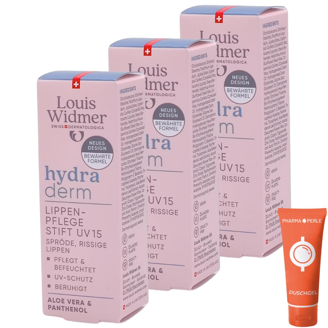 Louis Widmer hydraderm Lippenpflege Stift UV 15, 3x 4,5 ml I Beruhigende Pflege bei spröden Lippen I mit Aloe Vera, Panthenol & LSF 15 I vegan, ohne Mikroplastik I Spar-Set plus Pharma Perle give-away