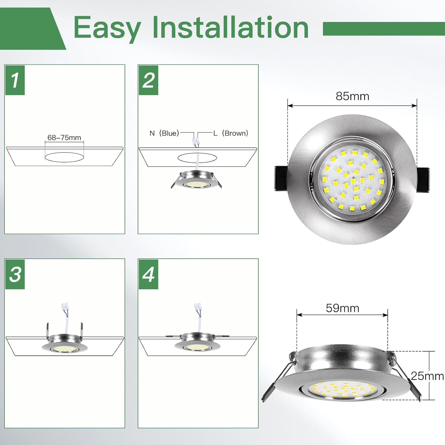 Spot LED Encastrable Dexnump 5W Dimmable - IP44, 2700K, Lot De 12
