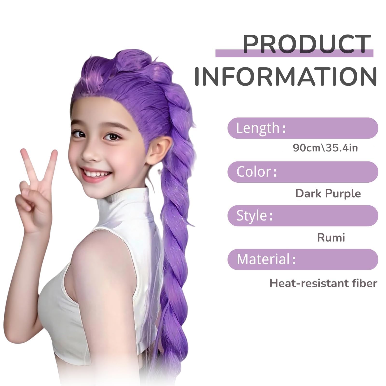 Peluca De Cosplay Morada Para Niños – Cabello Largo De Seda Con Trenzas, Disfraz De Cazador De Demonios Para Halloween Y Fiestas Temáticas
