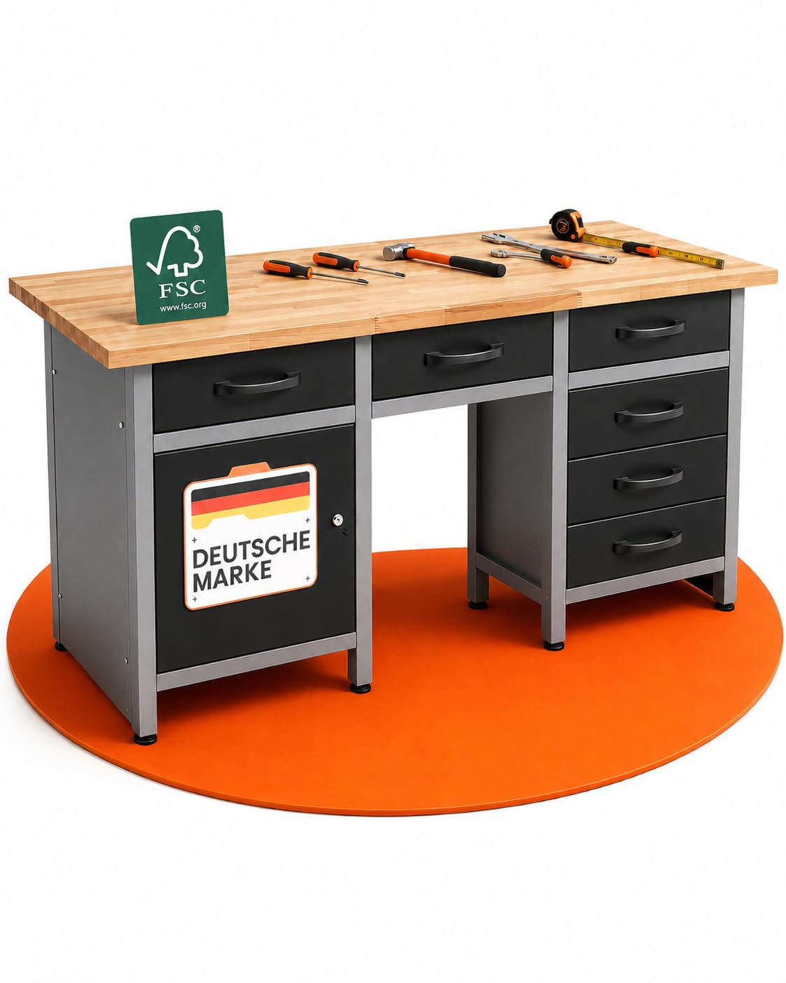 Ondis24 Werkbank 160 cm breit mit 6 kugelgelagerten Schubladen und Sitzplatzöffnung in der Mitte, Staufach mit großer abschließbarer Tür, Werktisch Montagewerkbank Werkstatttisch