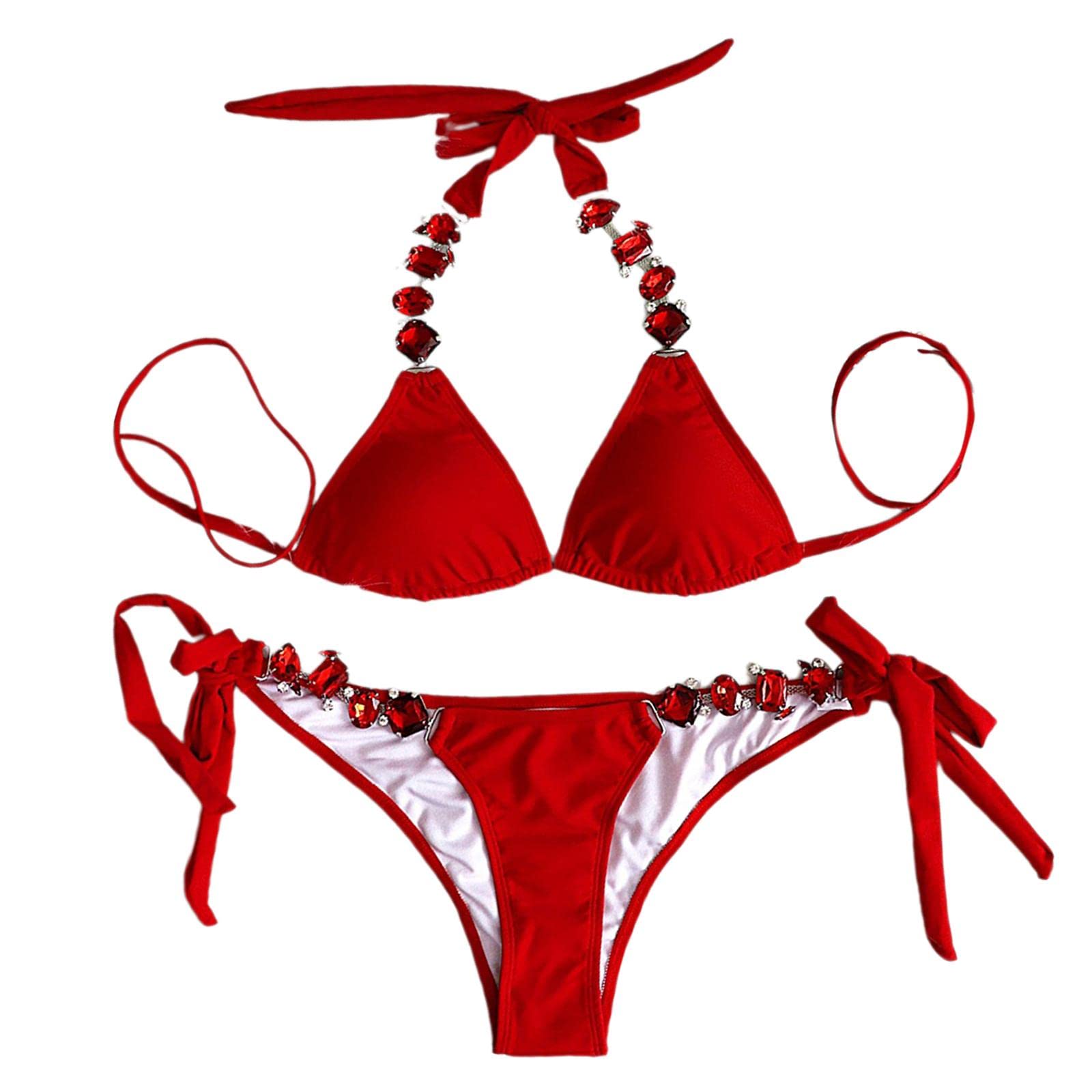 Women Rhinestone Swimsuit Push Up Bra Bikini Set Bathing Suit Swimwear S Red-image-39
