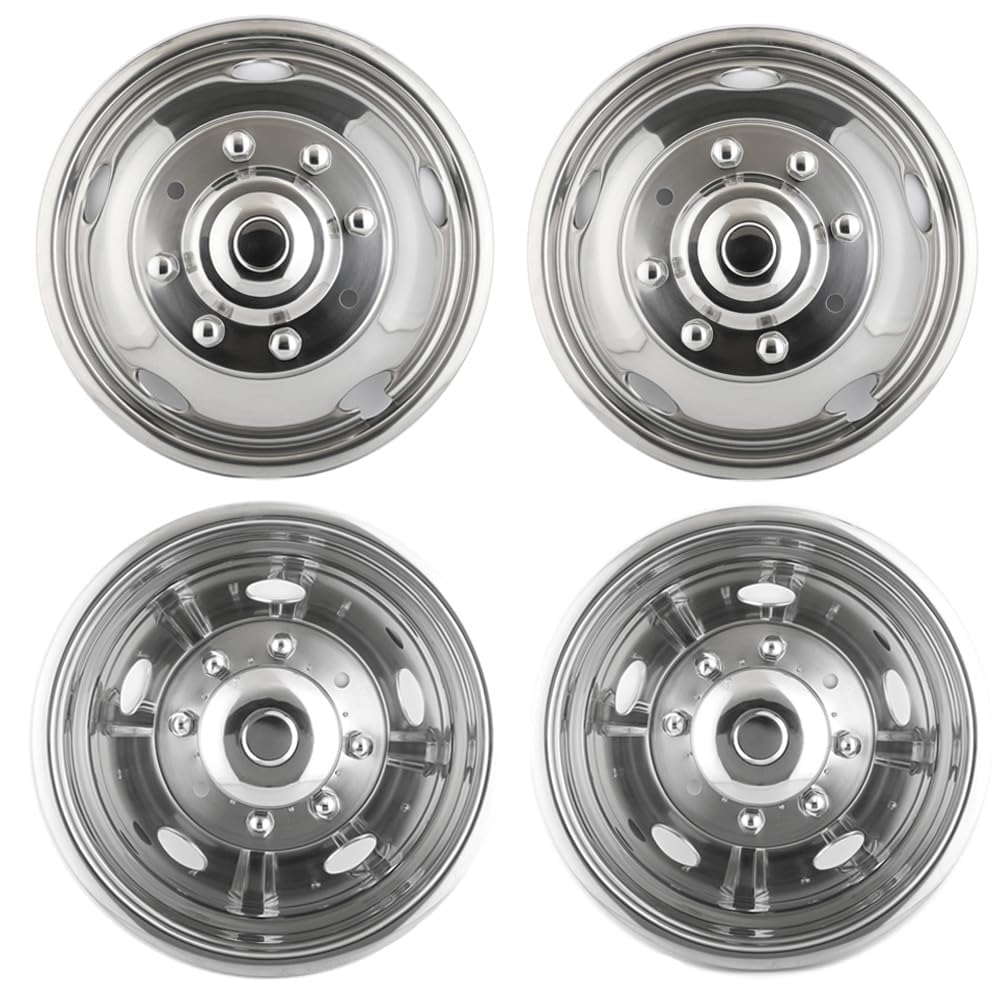 4pcs 19.5" Front Rear Polished Stainless Steel Dually Wheel Simulators,8 Lug 5 Hand Hole Snap On HubCaps,Nice Looking Skins Liners Bolt On Wheel Covers Fit for 1999-2002 Ford F450 F550 Super Duty