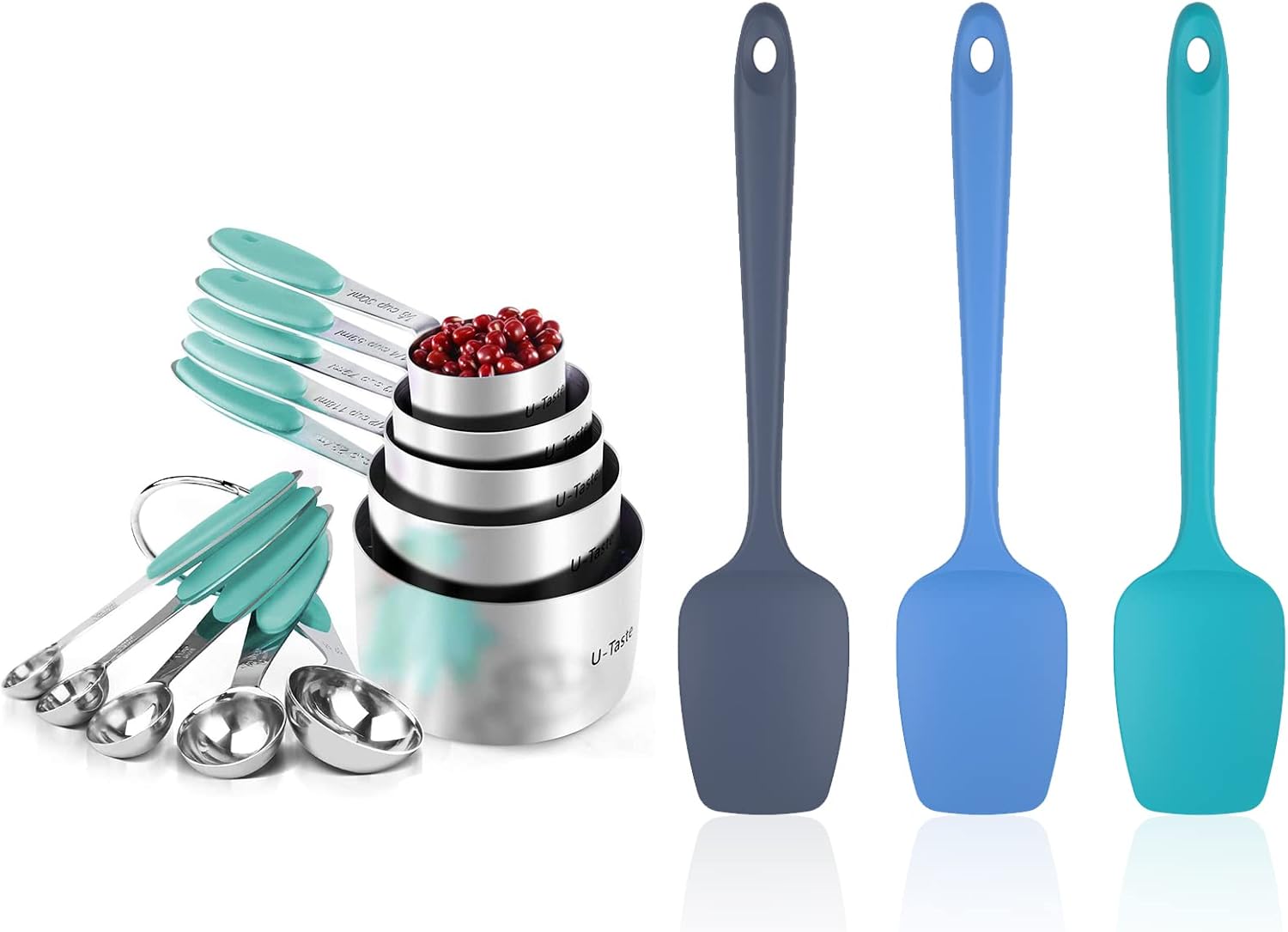 U-Taste 18/8 Stainless Steel Measuring Cups and SpoonsSet of 10 Piece (Aqua Sky)，Upgraded Thickness Handle and U-Taste Silicone Spoon Spatula Set (Multicolors)
