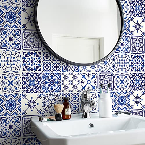 Image of FOKRIM Marble Wallpaper Sticker Blue Floral 60x200cm Peel and Stick, Removable, Self-Adhesive, Waterproof, Decorative Wallpaper for Home, Kitchen, Bedroom, Office